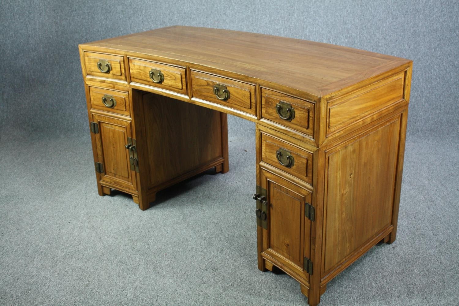 Pedestal desk, Chinese elm of curved outline, in three sections. H.85 W.150 D.66cm. - Image 3 of 7