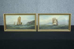 Two oil paintings on board. Two seascapes by the same artist. One featuring yachts the other a large