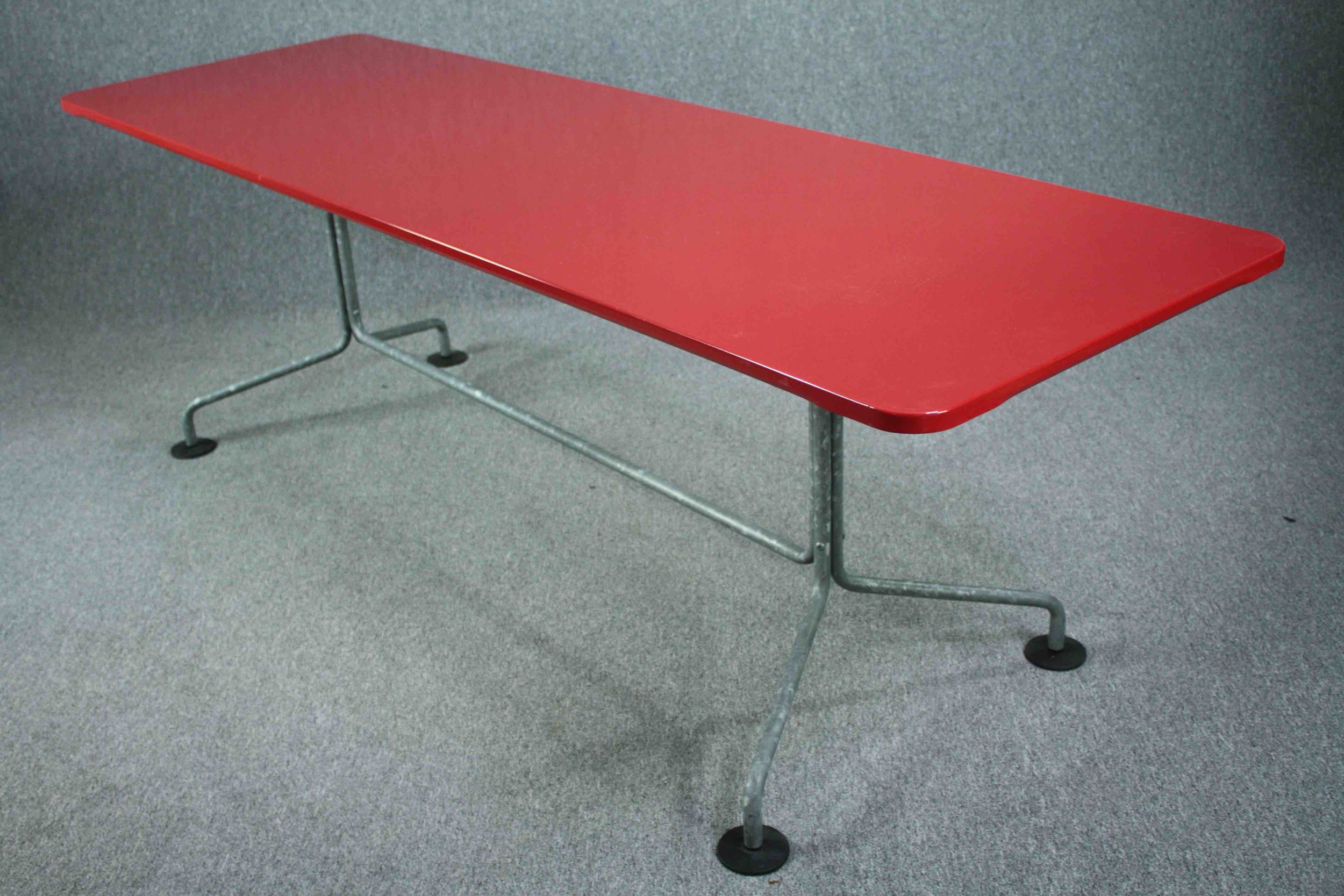 A large metal vintage style dining table, contemporary with red lacquered top. H.75 W.240 D.75cm. - Image 10 of 12