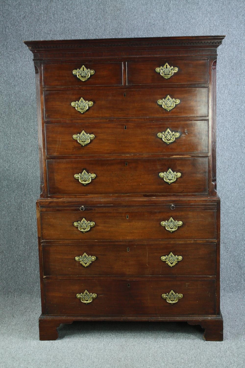 Chest on chest, Georgian mahogany fitted with brushing slide. H.188 W.115 D.55cm.