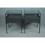 Bedside cabinets, a pair industrial style metal and glass. H.60 W.45 D.45cm. (each)