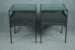 Bedside cabinets, a pair industrial style metal and glass. H.60 W.45 D.45cm. (each)