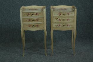 Bedside chests, a pair, Louis XV style painted and hand decorated. H.65 W.34 D.25cm. (each)