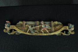 A carved and painted panel. Achilles and Hector maybe. Possibly decoration from the back of an