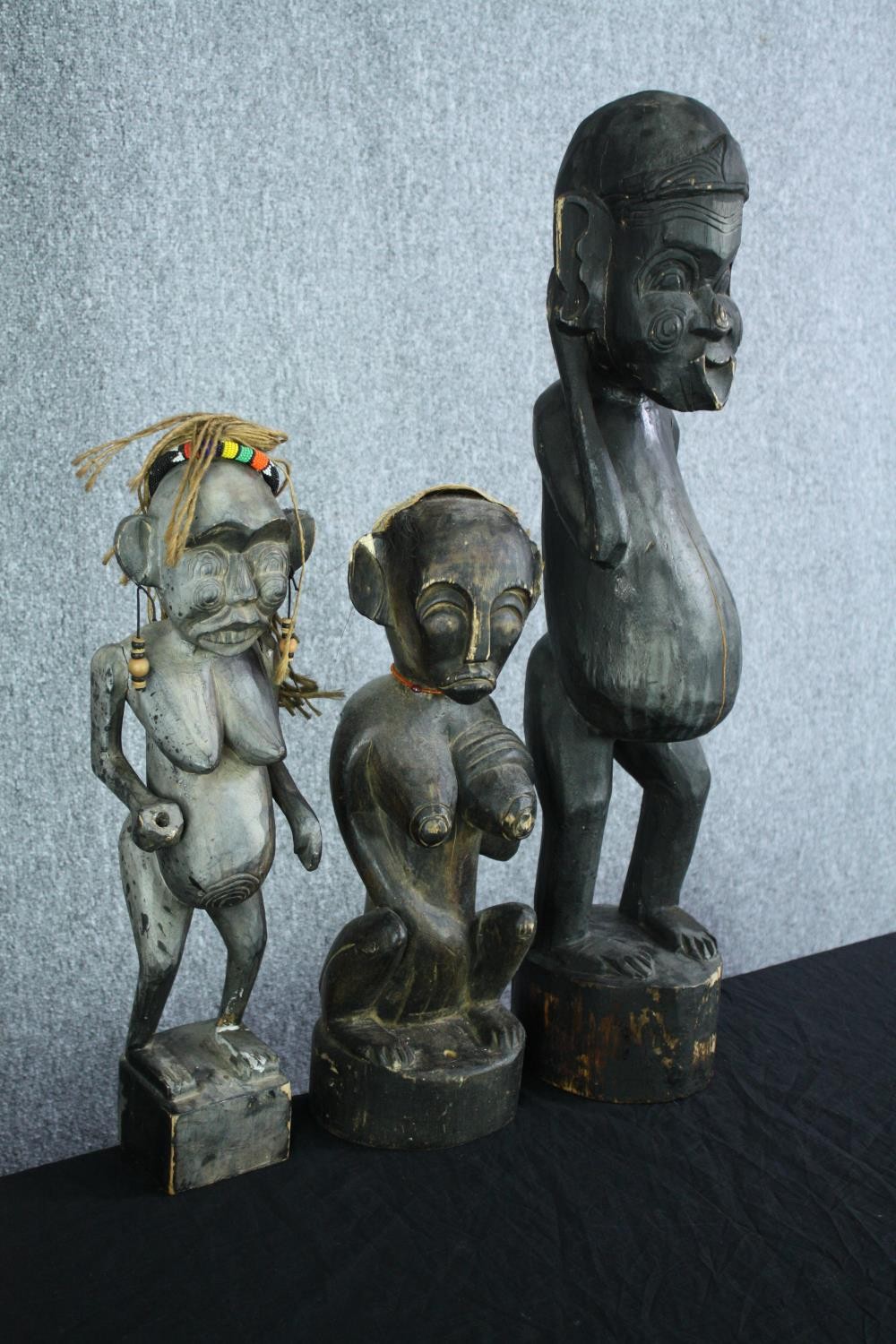 Three carved hardwood figures. Tribal art. H.74cm. (largest) - Image 3 of 6