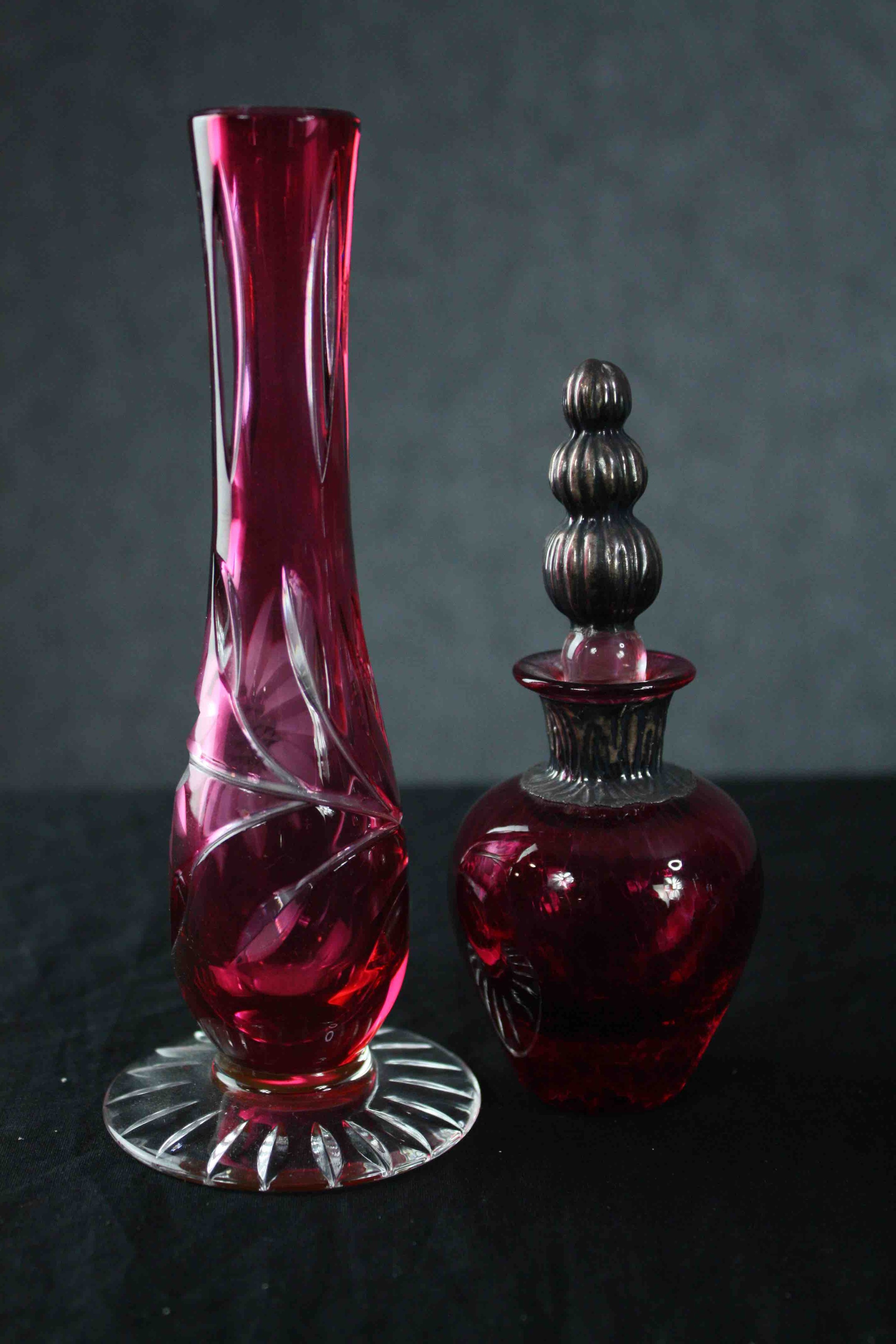 Studio glass. A mixed collection of coloured glass including vases and a pair of ruby glass sherry - Image 6 of 9
