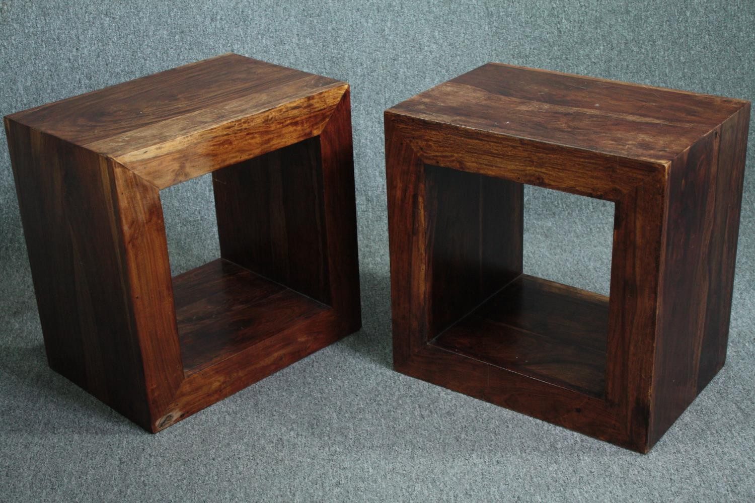 A pair of contemporary Eastern hardwood bedside or lamp tables. H.50 W.50. D.35cm. (each) - Image 3 of 4