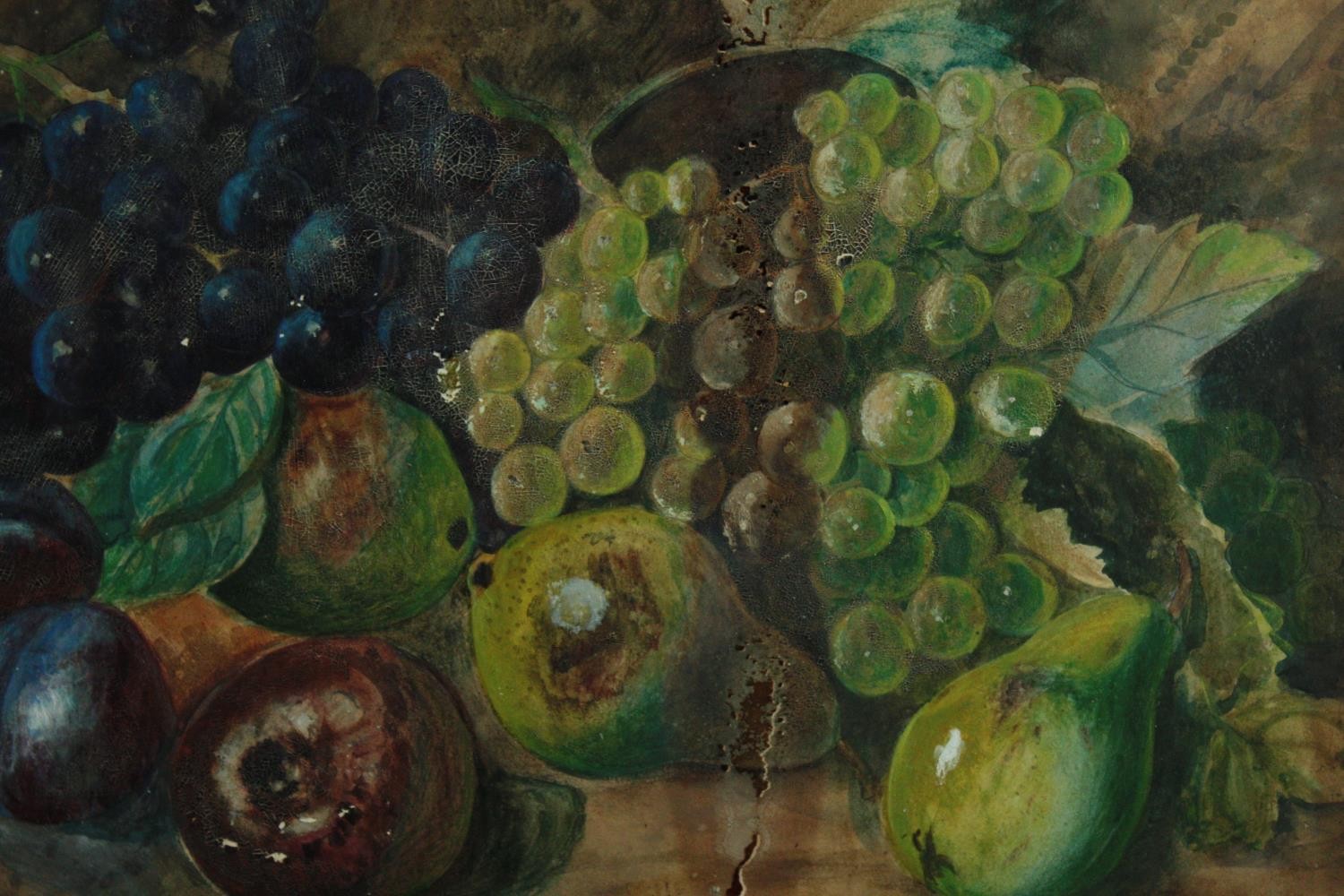 Oil painting on board. Still life, fruit. With some marks behind the glass. Unsigned. H.42 W.55 cm.
