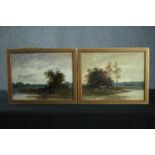 A pair of 19th century oil paintings. Landscapes with a lone figure and cattle. Appear to be by