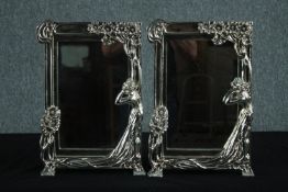 A pair of Art Nouveau style metal framed easel mirrors. H.39 W.26cm. (each)
