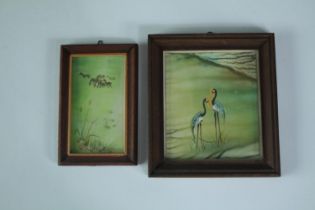 Two small Ukrainian watercolours. A pair of storks and grazing cattle. Signed 'H. Donets'. Framed