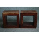 A pair of contemporary Eastern hardwood bedside or lamp tables. H.50 W.50. D.35cm. (each)