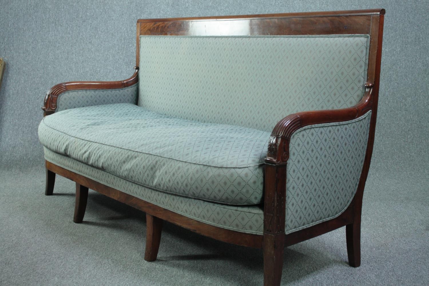 Sofa, 19th century Empire style flame mahogany, reupholstered. H.94 W.170 D.65cm. - Image 3 of 4