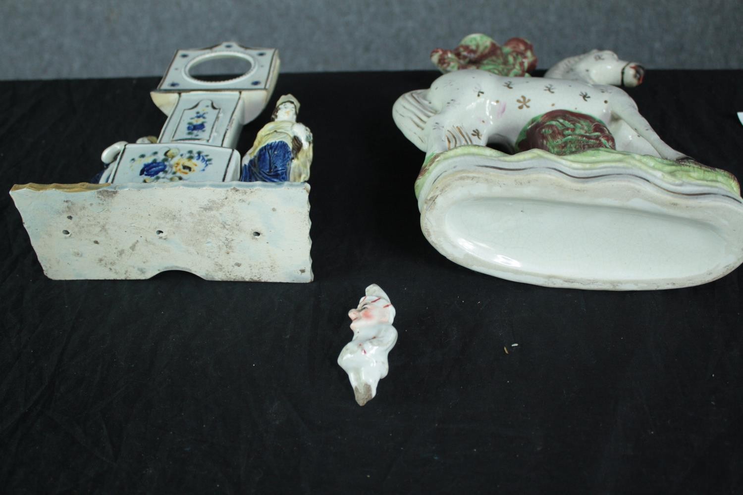 Staffordshire porcelain figures. A candleholder in the shape of a horse, a grandfather clock - Image 6 of 6