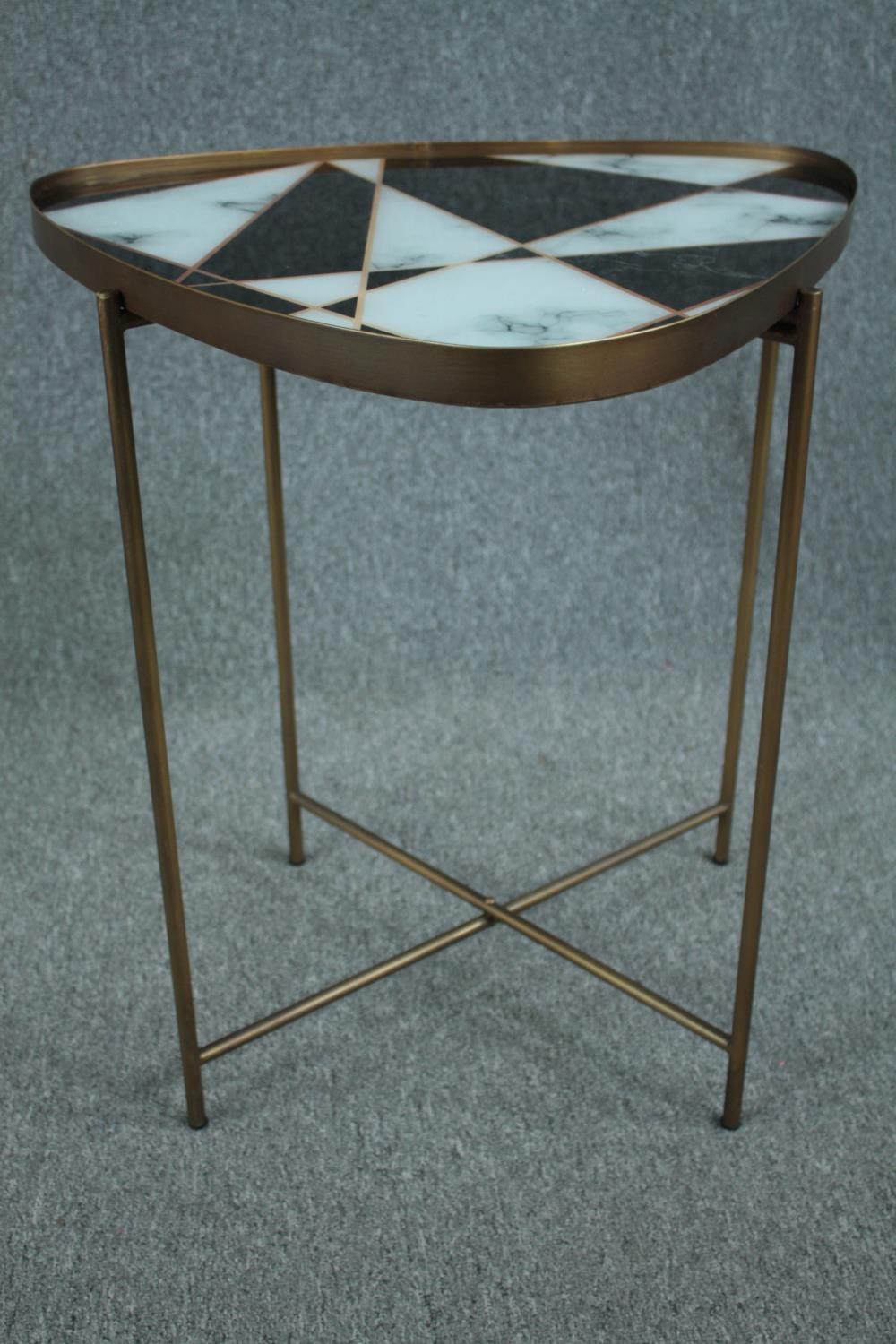 Occasional table, retro styled with composite laminated top on folding gilt metal base. H.65 W.55 - Image 2 of 4