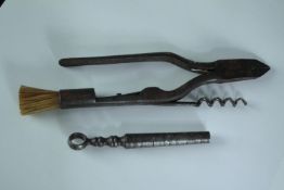 Rare 19th century Champagne wire cutters with folding corkscrew and cork brush along with a early