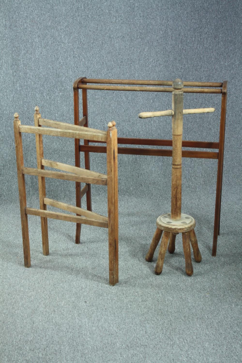 Two C.1900 towel rails and an old washing dolly. H.88 W.76cm. (largest)