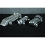 Three decorative vintage style metal car models. L.40 W.17 cm. (largest)