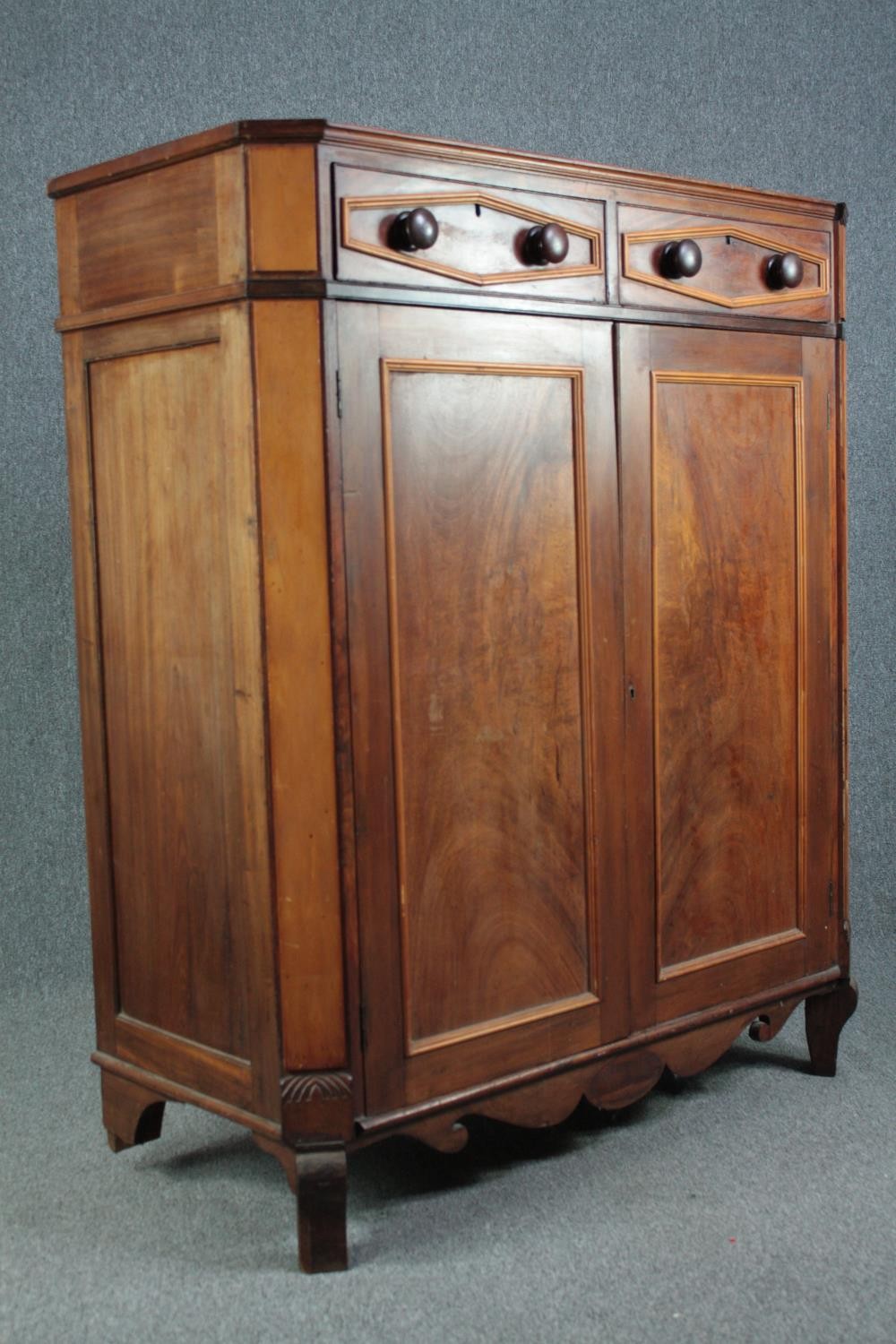 Cabinet, 19th century Continental flame mahogany. H.148 W.124 D.54cm. (Rear leg damaged as shown). - Image 2 of 6