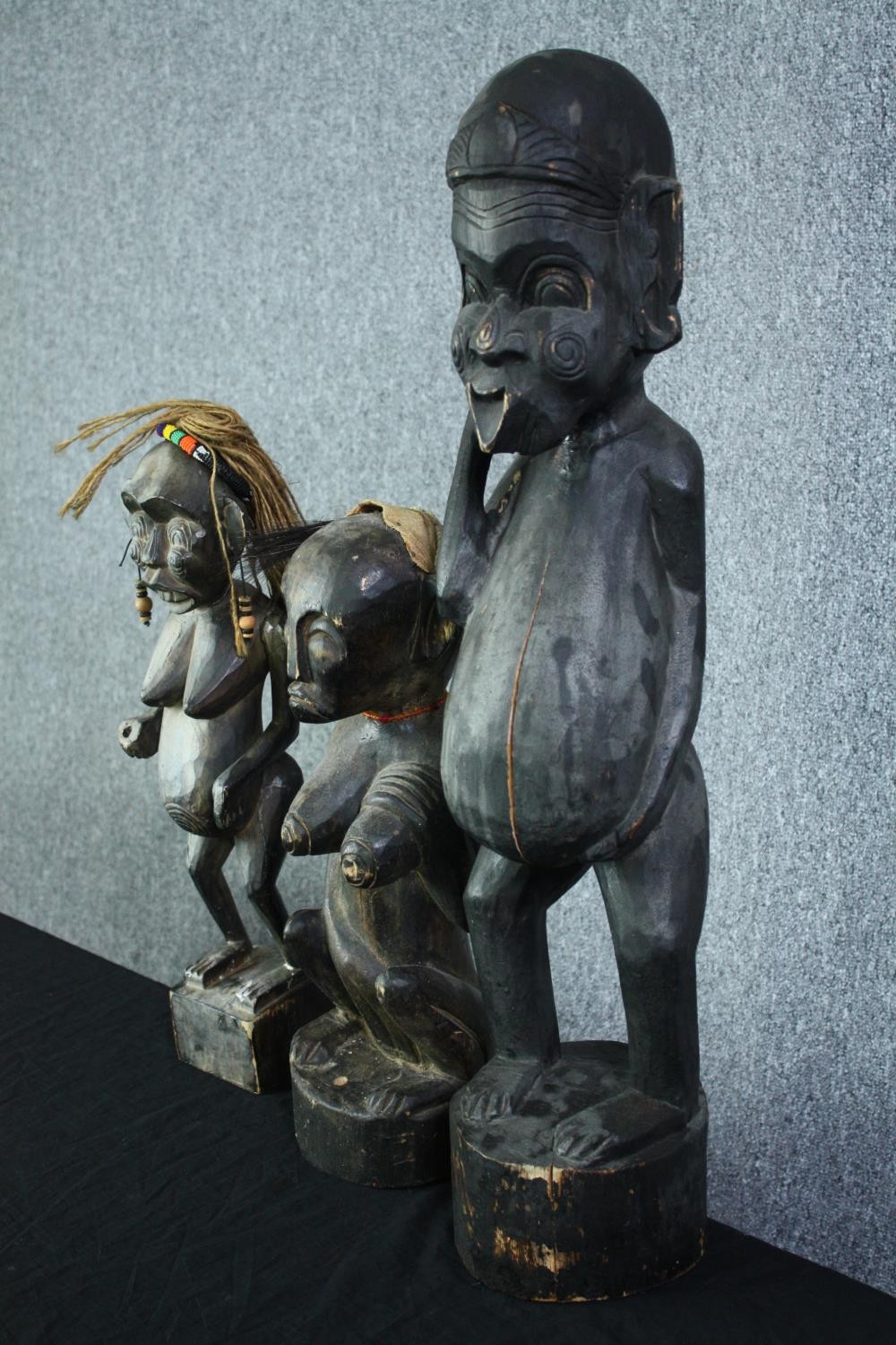 Three carved hardwood figures. Tribal art. H.74cm. (largest) - Image 2 of 6