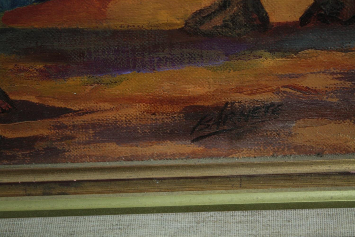 Oil painting on board. Arabs and camel. Signed 'Barnete' lower right. Framed. H.78 W.60 cm. - Image 3 of 4