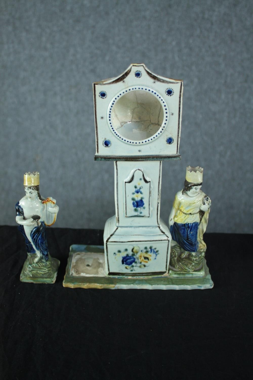 Staffordshire porcelain figures. A candleholder in the shape of a horse, a grandfather clock - Image 4 of 6