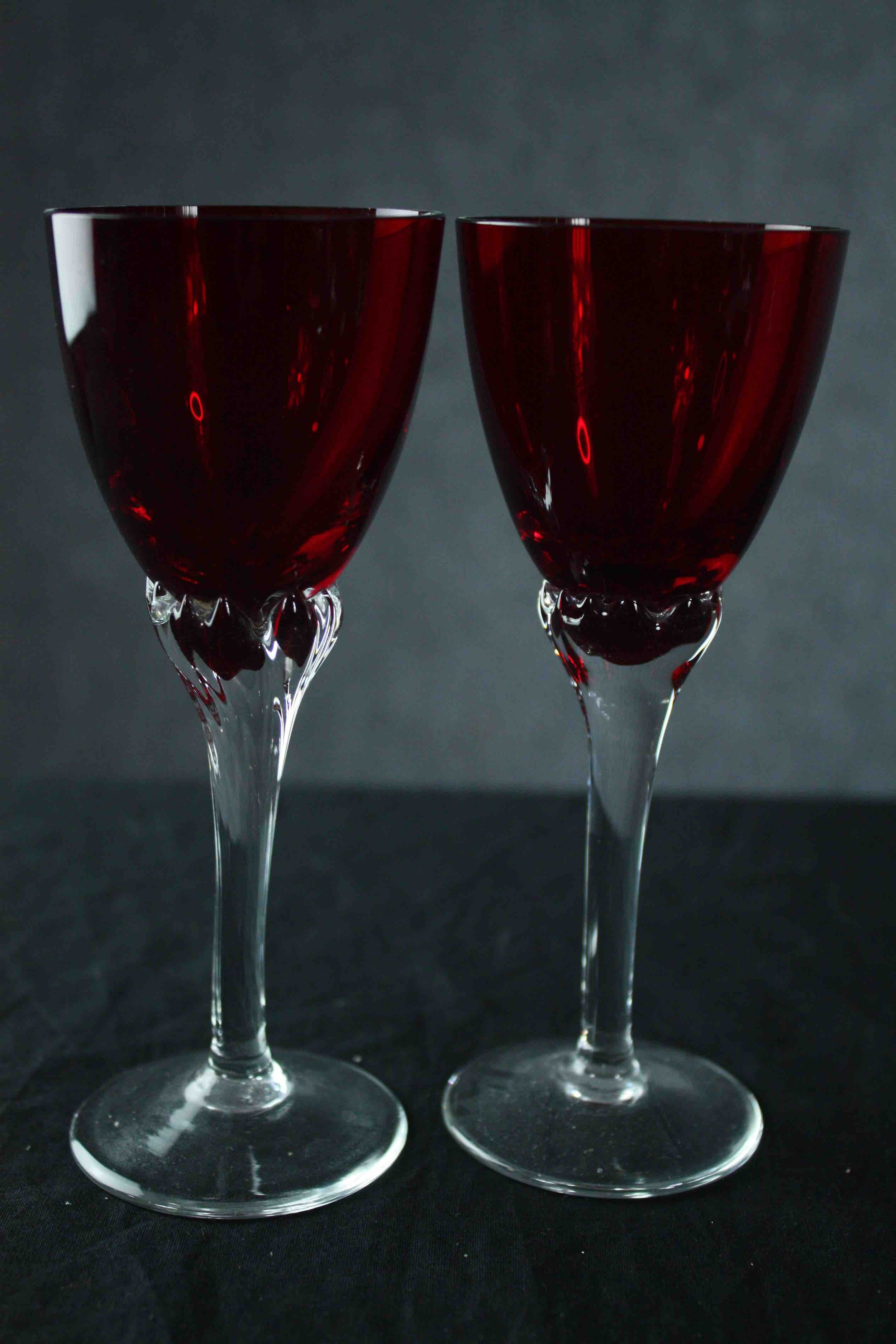 Studio glass. A mixed collection of coloured glass including vases and a pair of ruby glass sherry - Image 7 of 9