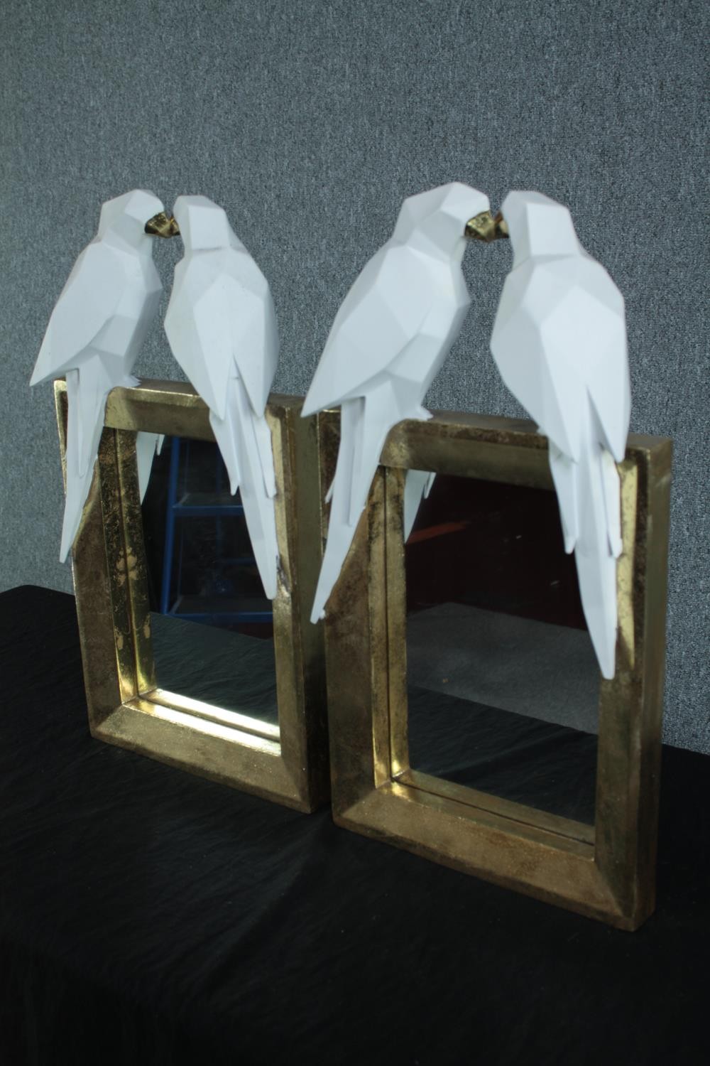 A pair of contemporary mirrors with parrots perched on the top rail. H.60 W.32cm. (each) - Image 2 of 5