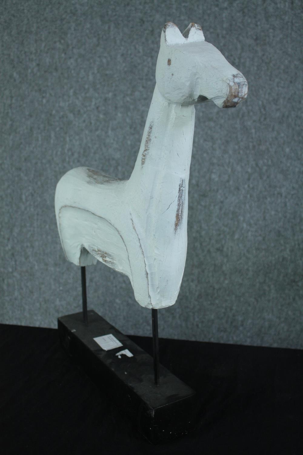 Pair of carved horses painted white. One with damaged base. H.57 w.53cm. (each) - Image 3 of 4