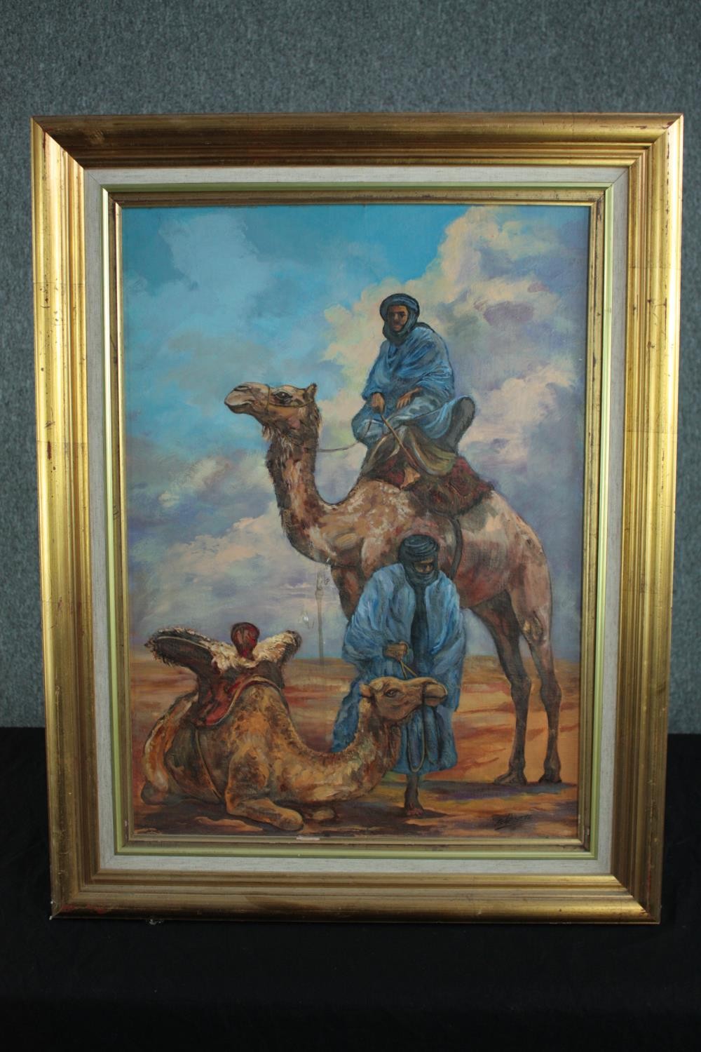 Oil painting on board. Arabs and camel. Signed 'Barnete' lower right. Framed. H.78 W.60 cm. - Image 2 of 4