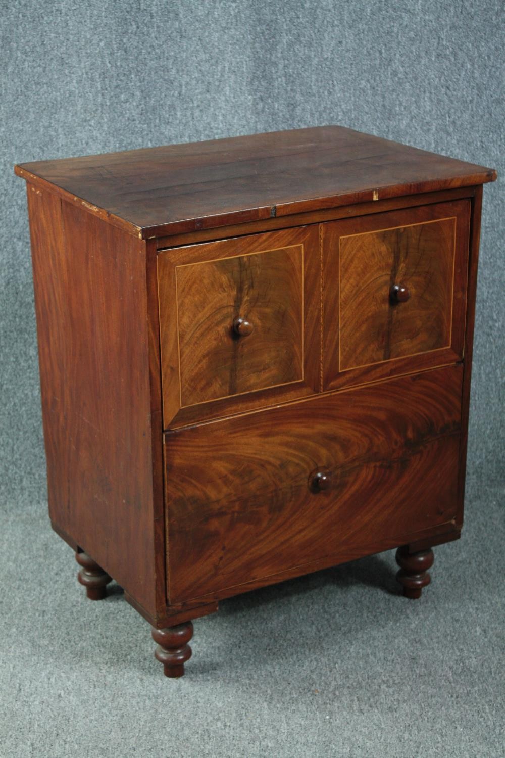 Chest of drawers, Georgian mahogany and satinwood inlaid. Small sized, converted from a commode. H. - Image 2 of 6