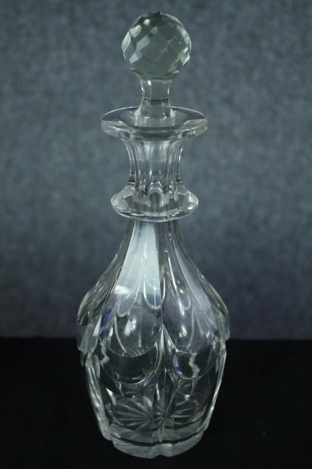 Two decanters. Blue glass with an etched floral pattern. The other, smaller and clear glass H. - Image 2 of 4