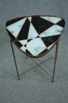 Occasional table, retro styled with composite laminated top on folding gilt metal base. H.65 W.55