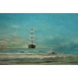 Oil painting on board. A Royal Navy ship. Naive in style and indistinctly signed lower right. H.43