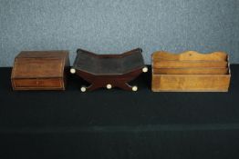 A vintage letter rack, 19th century rosewood box and a mahogany coaster. L.38 cm. (largest)