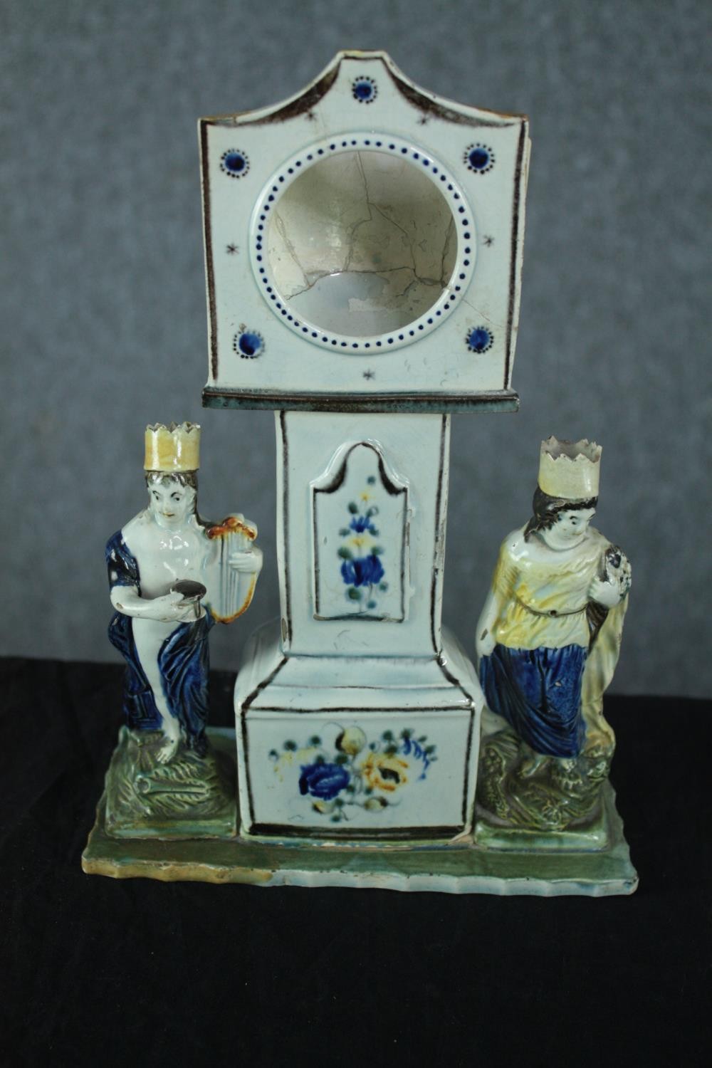 Staffordshire porcelain figures. A candleholder in the shape of a horse, a grandfather clock - Image 3 of 6