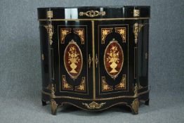 A 19th century style lacquered and inlaid credenza fitted with ormolu mounts. H.96 W.106 D.39cm.
