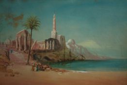 Egyptian interest. Oil painting on board. Titled 'Girgeh Nile'. Signed 'Gibson'? Framed. Early