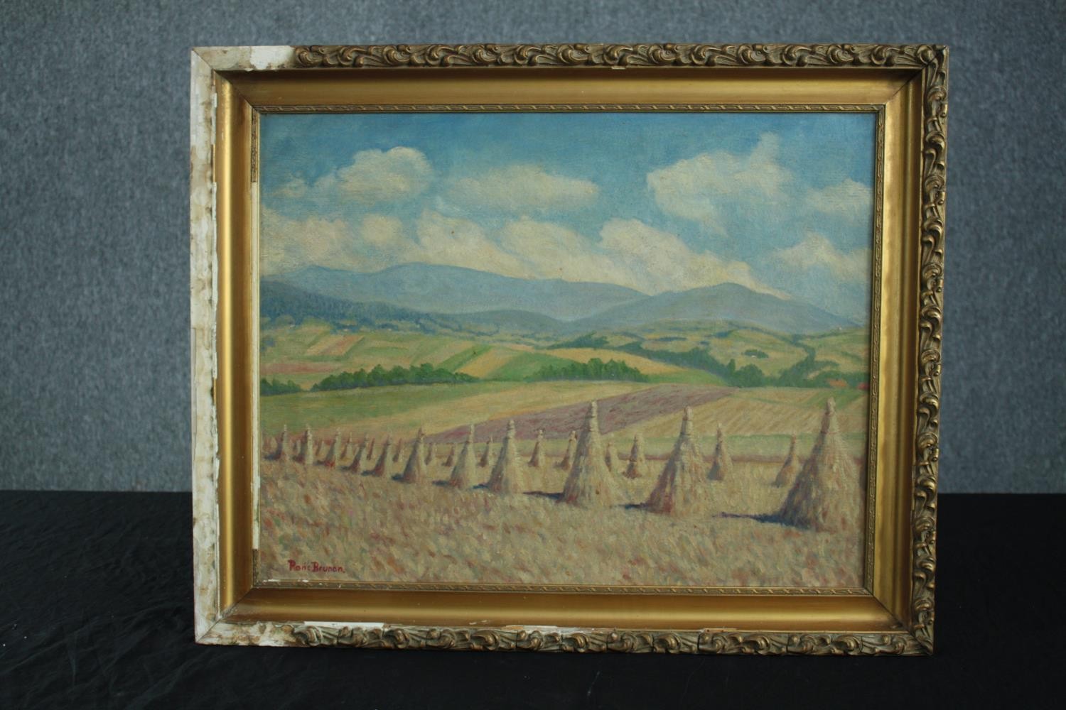 Oil painting on board. Wheatfield. Signed 'Brunon' lower left. In a worn gilt frame. H.52 W.65 cm. - Image 2 of 4