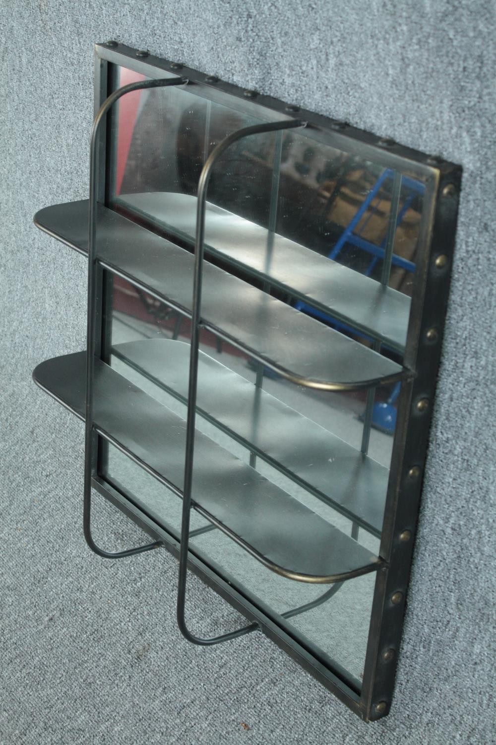 An industrial style metal framed bathroom mirror with shelving. H.61 W.61 cm. - Image 3 of 5