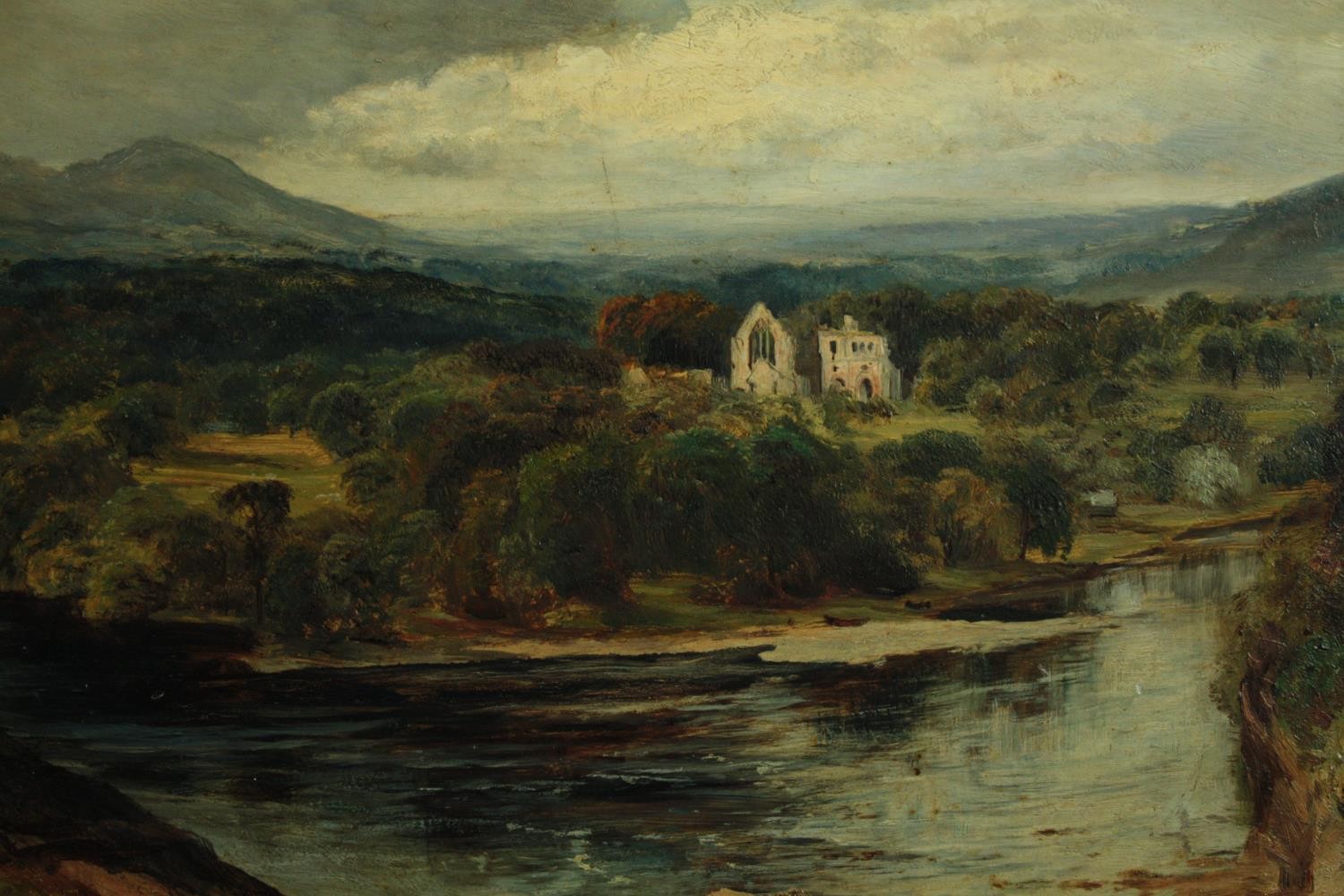 Oil painting on board. Tintern Abbey. Early twentieth century. Signed lower right 'Moa W'. H.50 W.