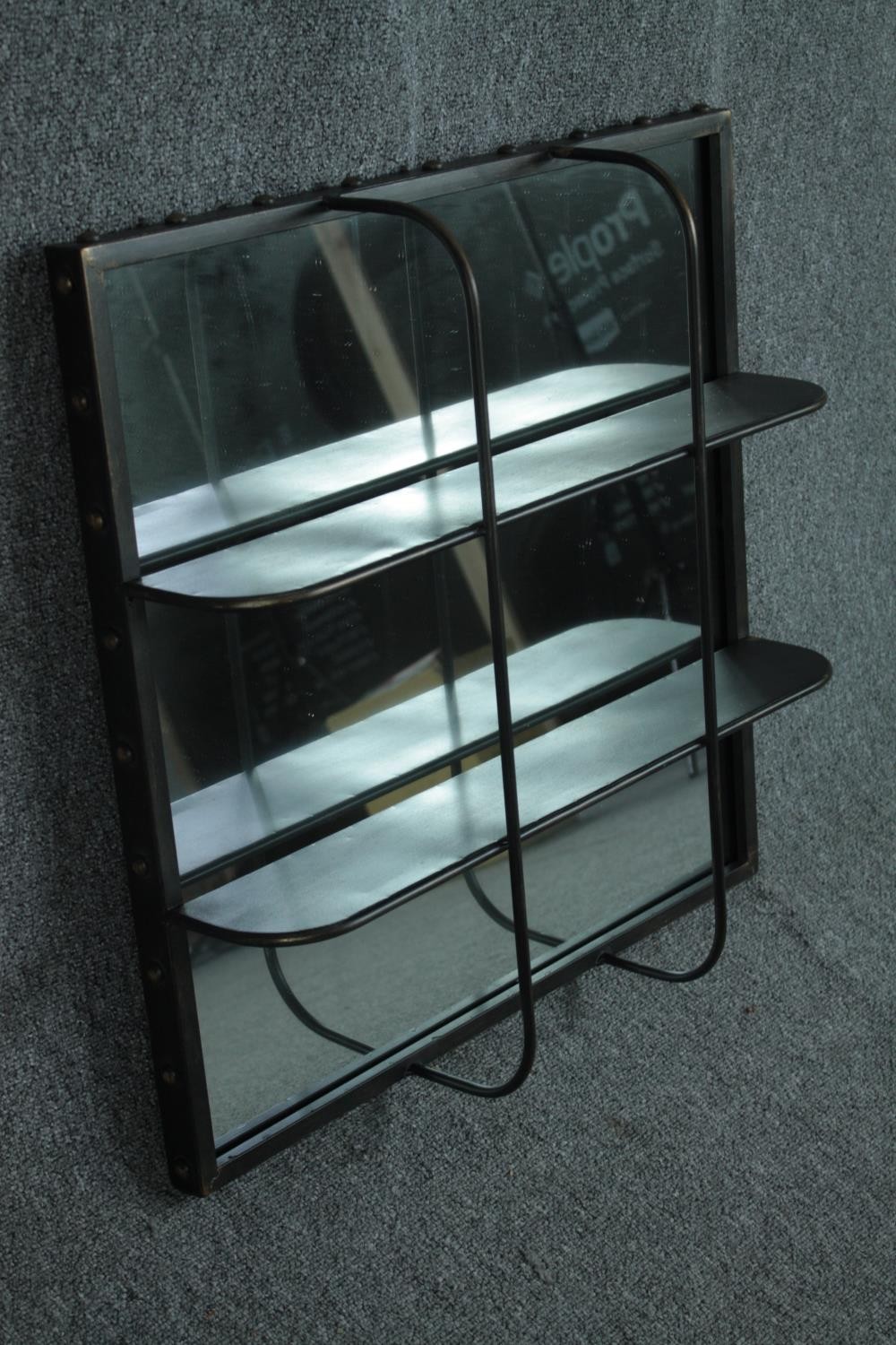 An industrial style metal framed bathroom mirror with shelving. H.61 W.61 cm. - Image 2 of 5