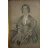 Pencil drawing. 19th century pPortrait of a woman, in damaged frame. Unsigned. H.50 W.40 cm.