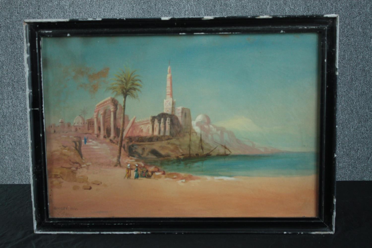 Egyptian interest. Oil painting on board. Titled 'Girgeh Nile'. Signed 'Gibson'? Framed. Early - Image 2 of 4