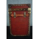 A modern and small vintage style metal travelling trunk with a metal and leather trim. H.56 W.36 D.