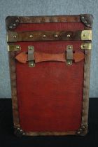 A modern and small vintage style metal travelling trunk with a metal and leather trim. H.56 W.36 D.