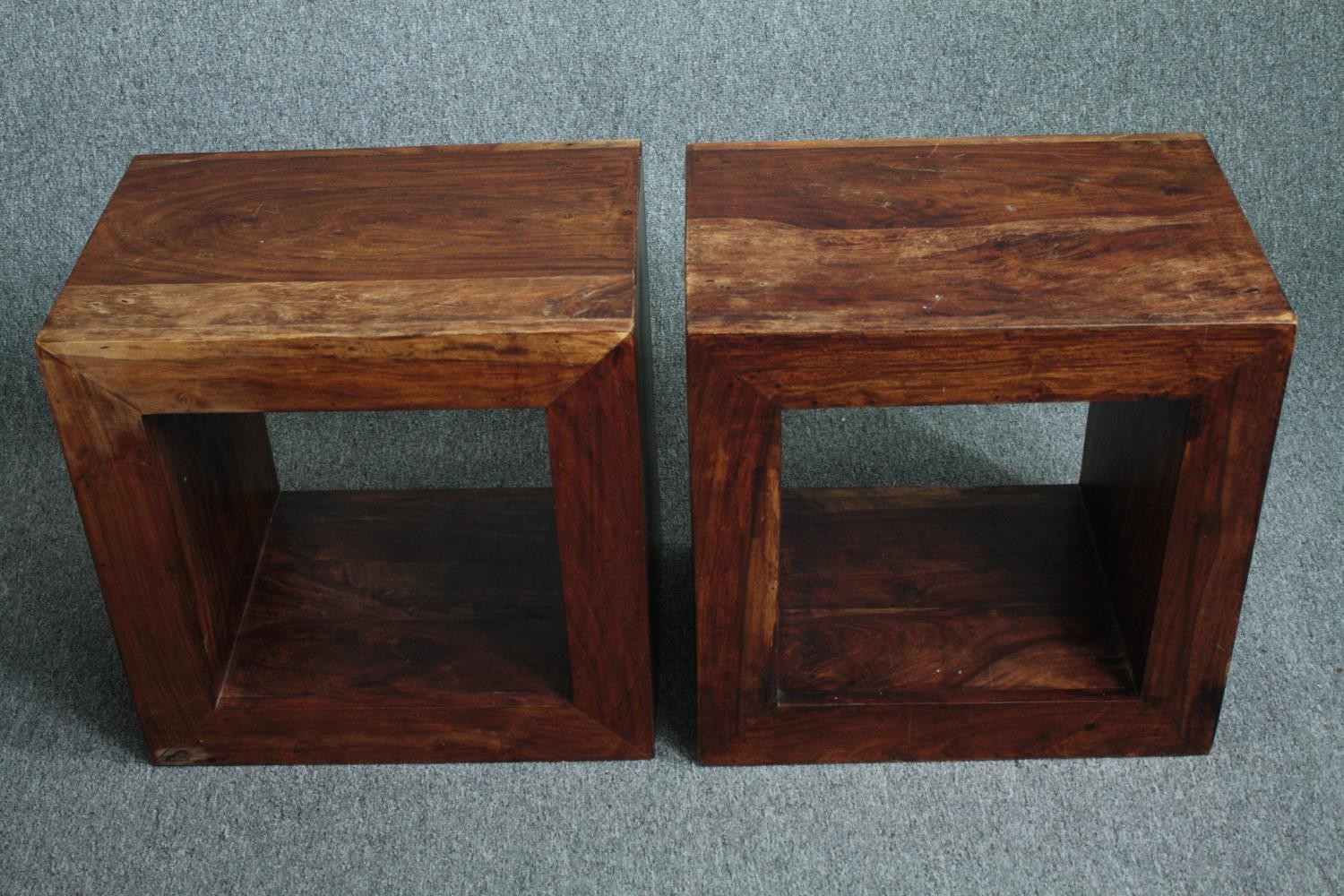 A pair of contemporary Eastern hardwood bedside or lamp tables. H.50 W.50. D.35cm. (each) - Image 2 of 4