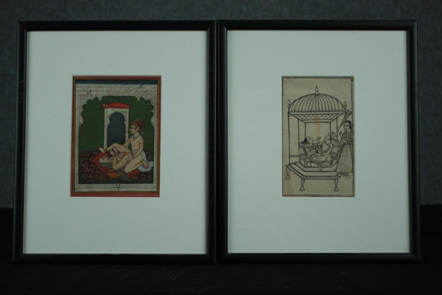 Two Indo-Persian gouache and pen works on paper. Probably nineteenth century. Framed. H.32 W.26
