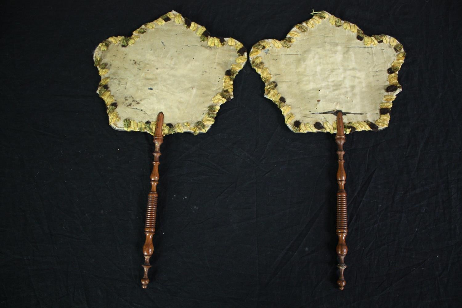 Two early 19th century embroidered floral hand held face screens with turned wooden handles. H.42 - Image 4 of 4