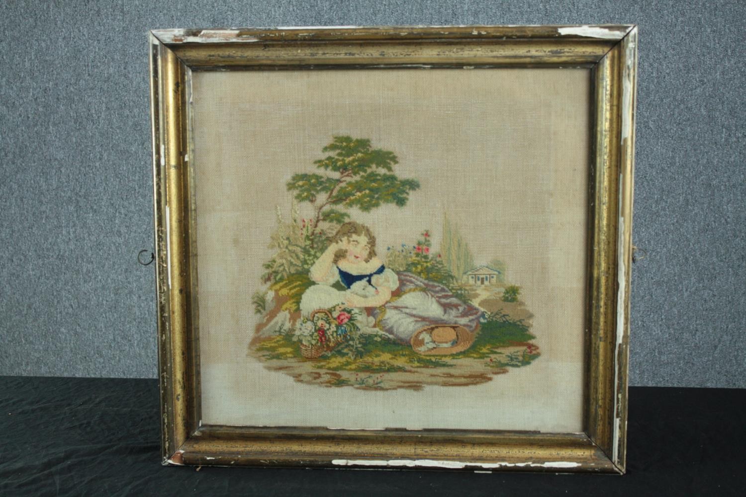 Nineteenth century embroidery in a worn gilt frame. H.57 W.60 cm. - Image 2 of 4